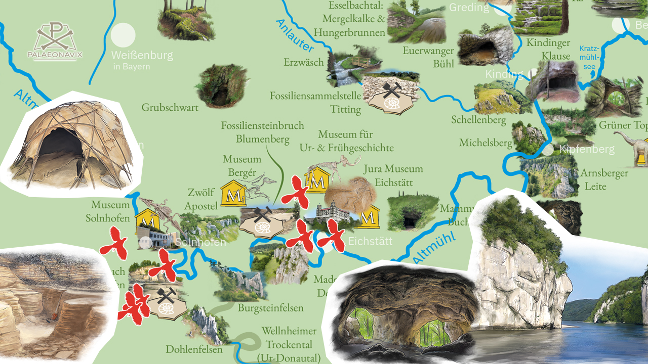 Digitale Karte des Naturparks Altmühltal mit Karststrukturen, Steinbrüchen, Museen und Archaeopteryx-Fundorten