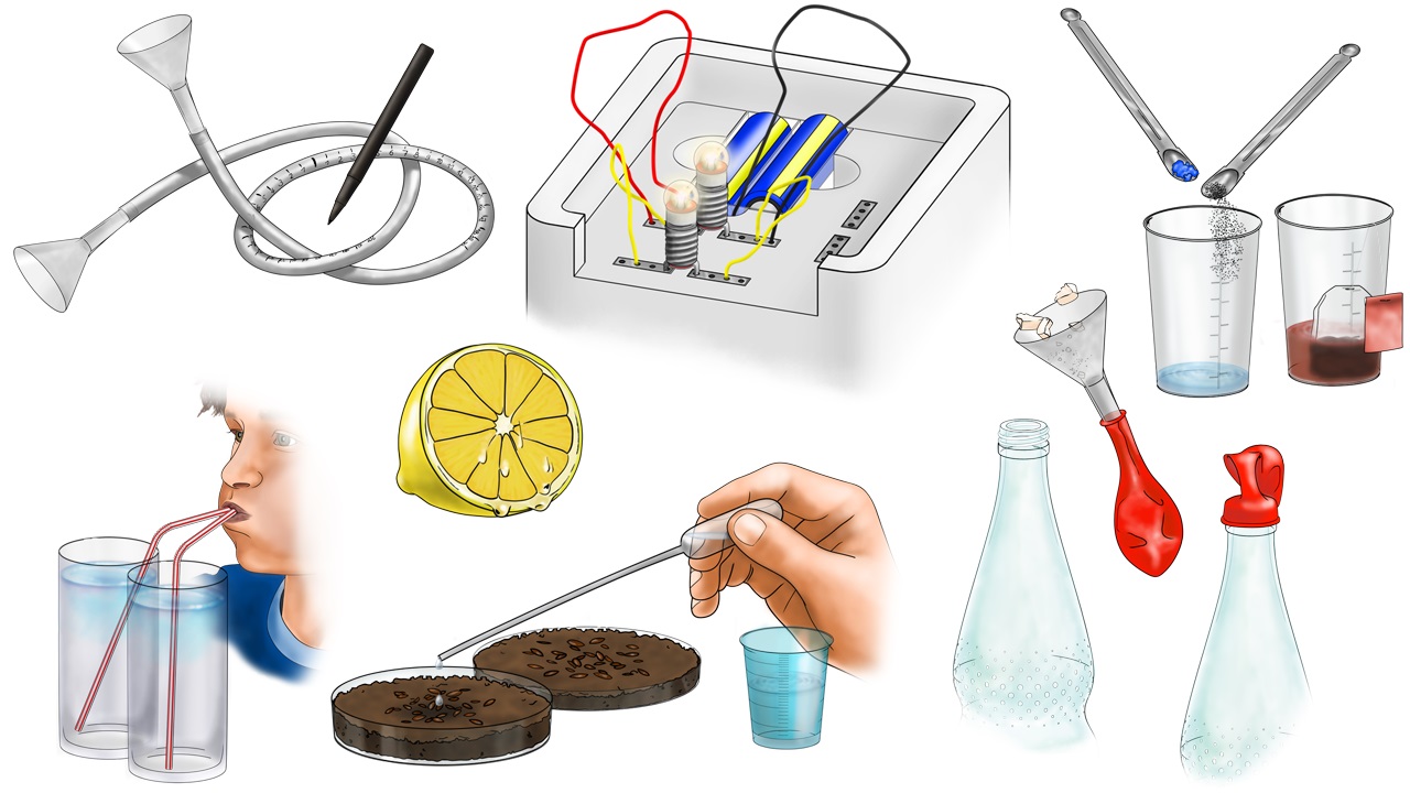 Digitale Zeichnung einer Experimentieranleitung mit Materialübersicht und Arbeitsschritten