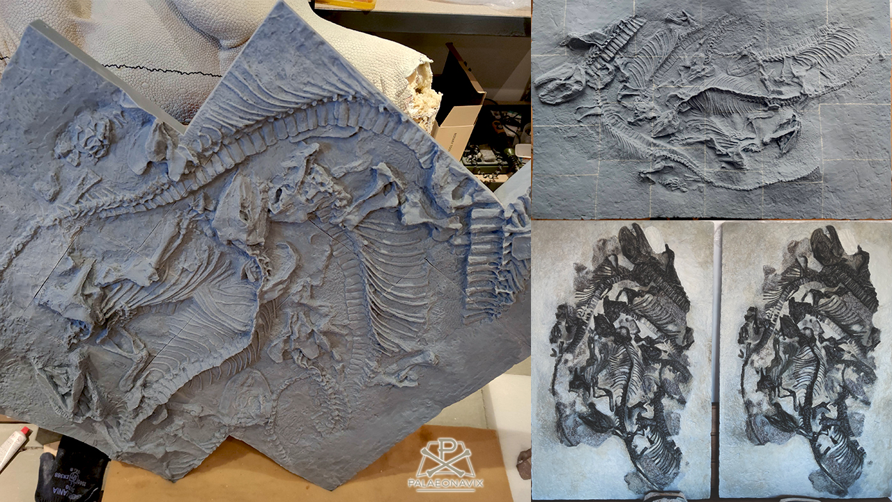 Aus 3D-Druckteilen zusammengesetzte Replik der Pantelosaurus-Fossilplatte