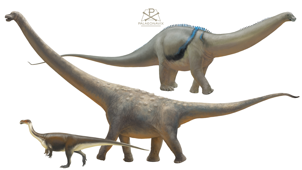 Digitale Zeitleiste mit Plateosaurus, Brontosaurus und Titanosauriern
